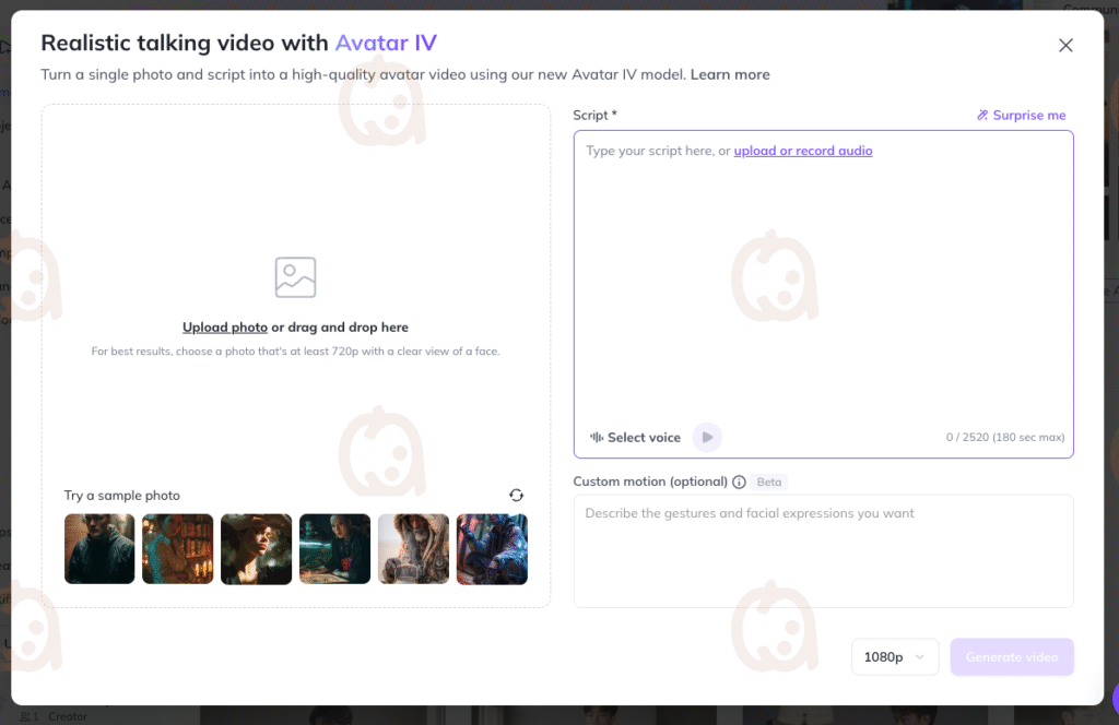 User interface of Avatar IV in Heygen